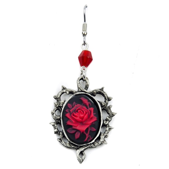 Red Rose w/ Thorns Dangle Earrings Gothic Vampire - Picture 2 of 6